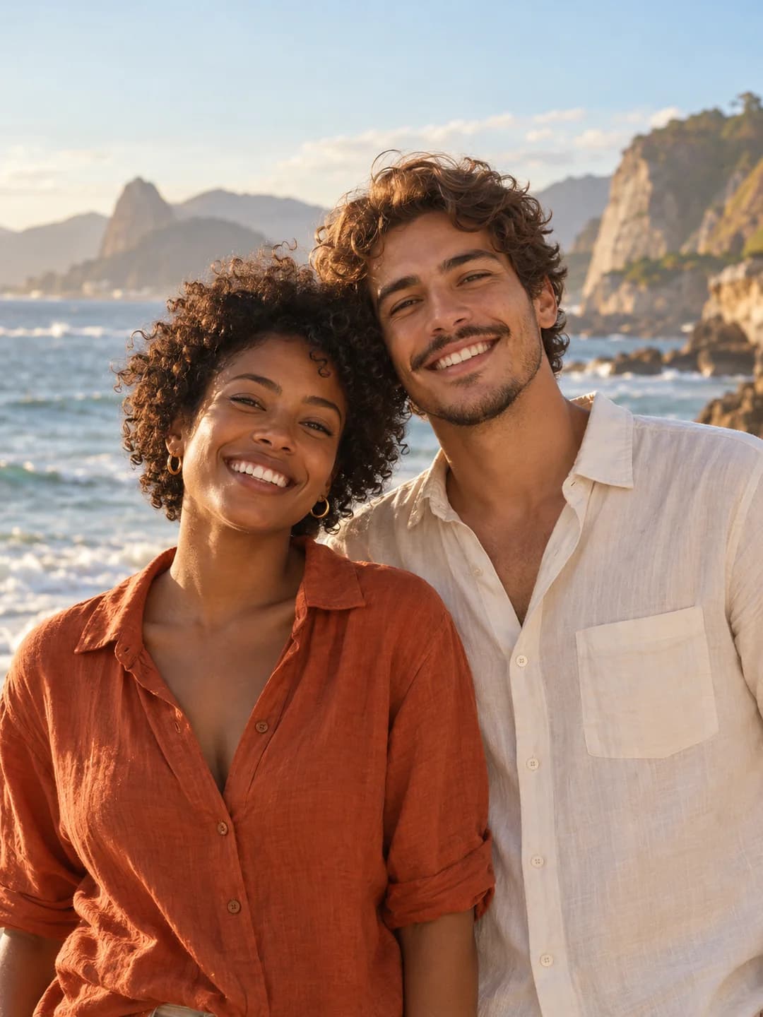 Imagem demonstrativa: duas pessoas sorrindo juntas em uma praia ao entardecer